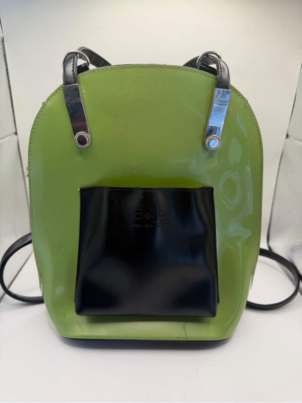 Beijo Olive Green Patent Backpack Purse Black Pocket
